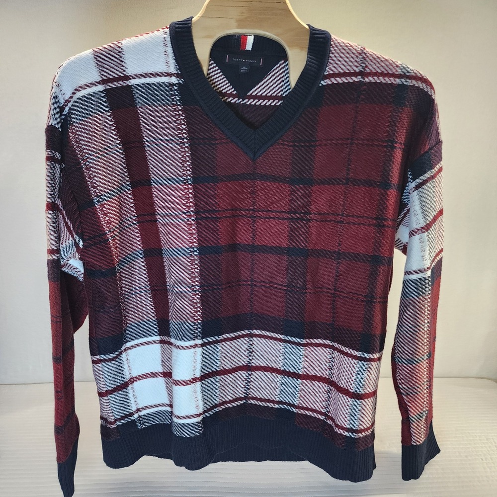 Tommy Hilfiger Men's‎ Plaid V Neck Sweater XXL Red White Blue Long Sleeve